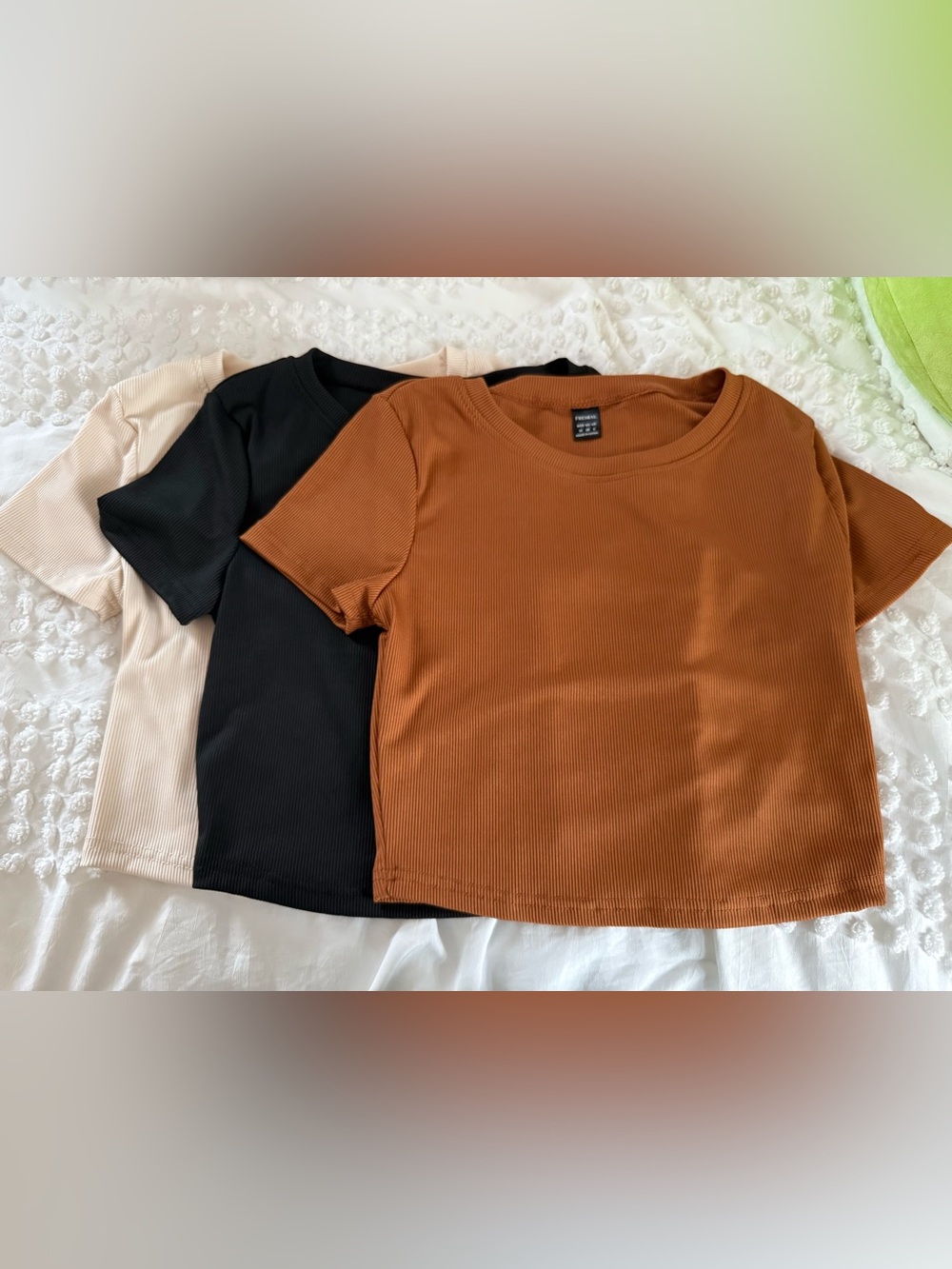 3 PACK/ ONE PRICE- Ribbed Short Sleeve Crop Top Trio - Rust, Black, Cream
